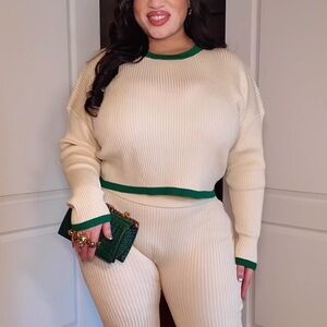 Cream and Green Ribbed Sweater pant Set